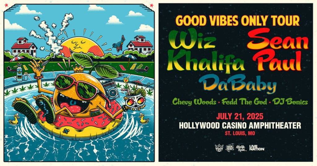 Concert poster for the Good Vibes Only Tour featuring Wiz Khalifa, Sean Paul, and DaBaby with colorful graphics.