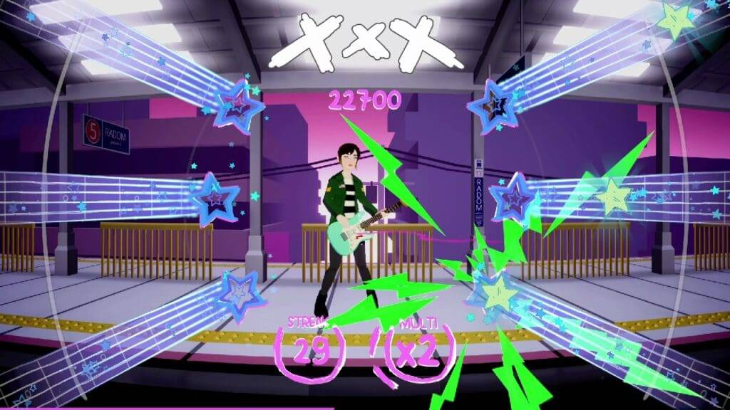 Animated character playing guitar in a colorful music game interface with score display.