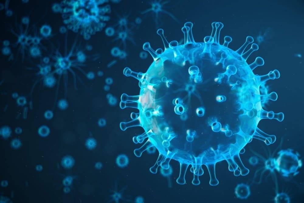3D illustration of a virus particle with a blue color scheme and detailed surface features.