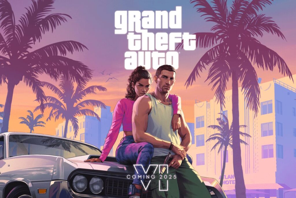 Promotional artwork for Grand Theft Auto VI featuring two characters in front of a car with palm trees in the background.