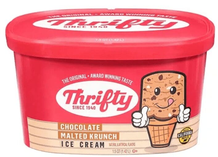 Red tub of Thrifty Chocolate Malted Krunch ice cream with a cartoon ice cream cone on the label.