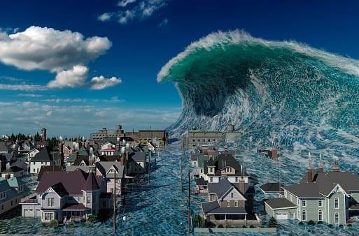 A massive wave crashes over a town, engulfing houses and creating a dramatic scene of nature's power. 