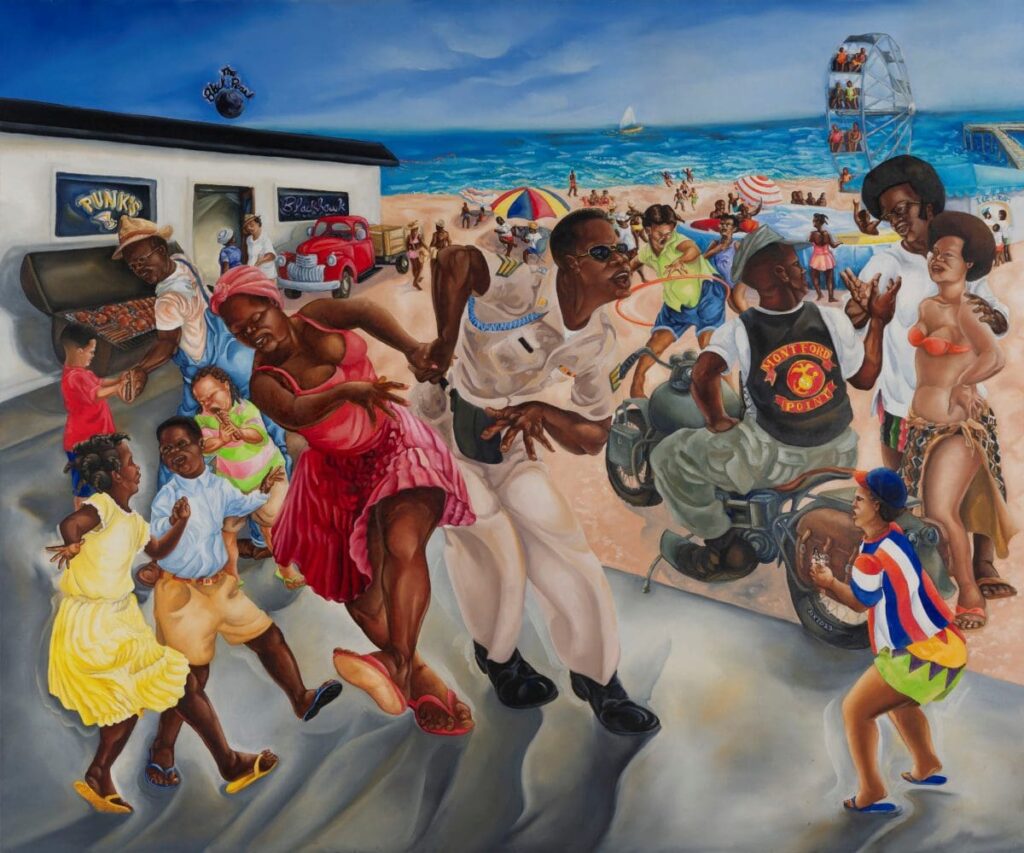 A vibrant beach scene featuring various people dancing and enjoying the sun.