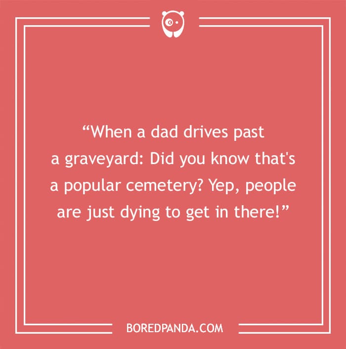 A humorous dad joke displayed in a speech bubble format on a red background.