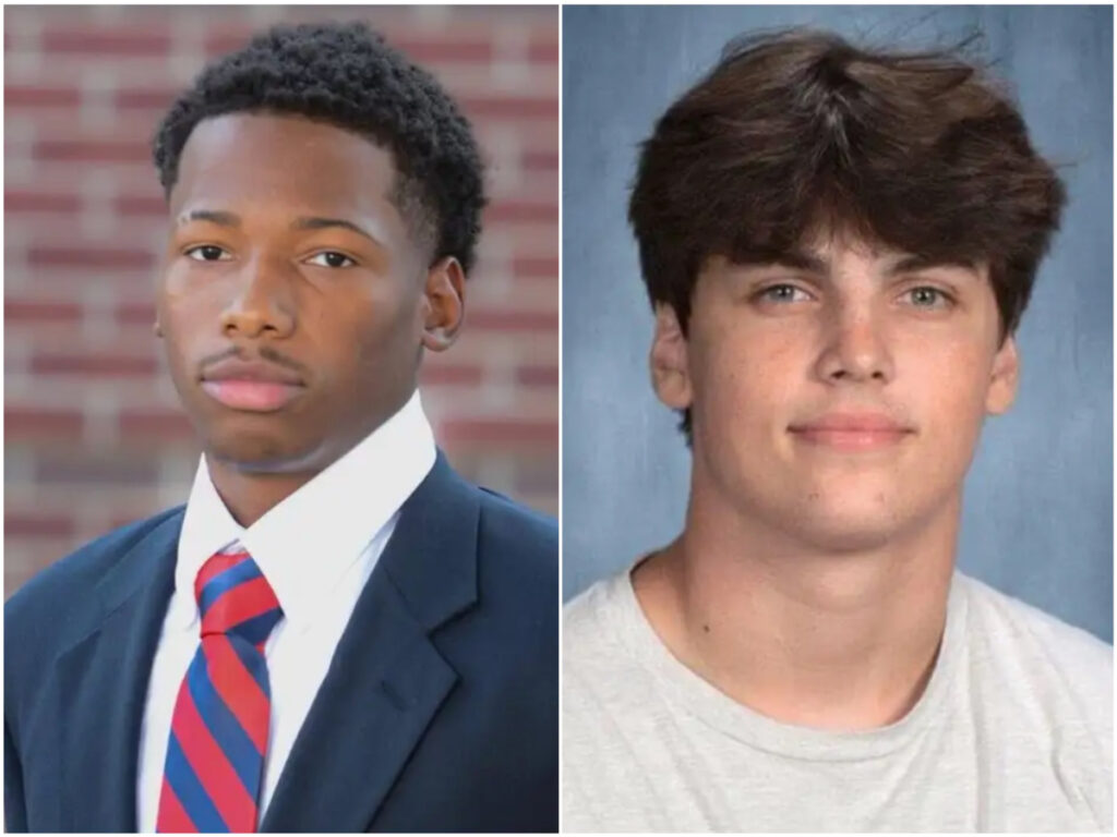 Two portraits of young men, one in a suit and tie and the other in a t-shirt.
