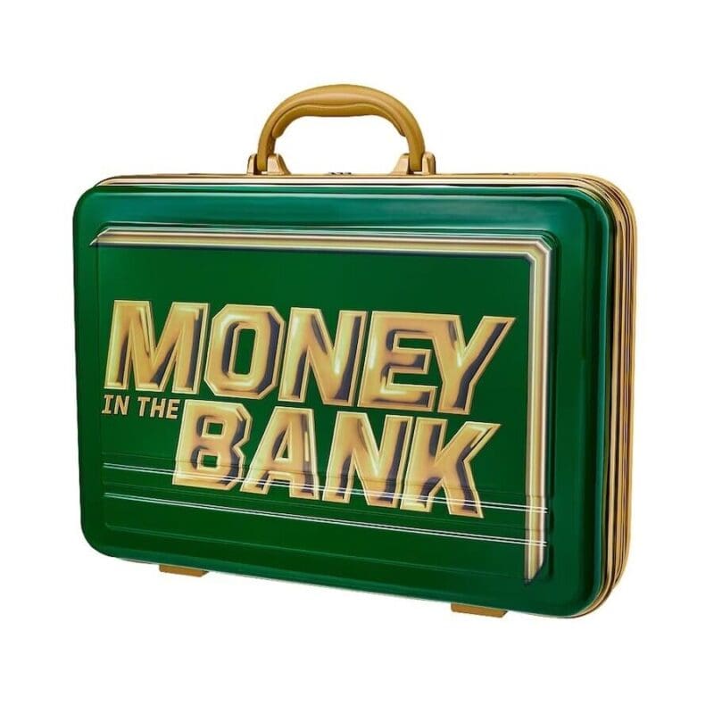 Green briefcase with the text 'Money in the Bank' printed on the front in gold letters.