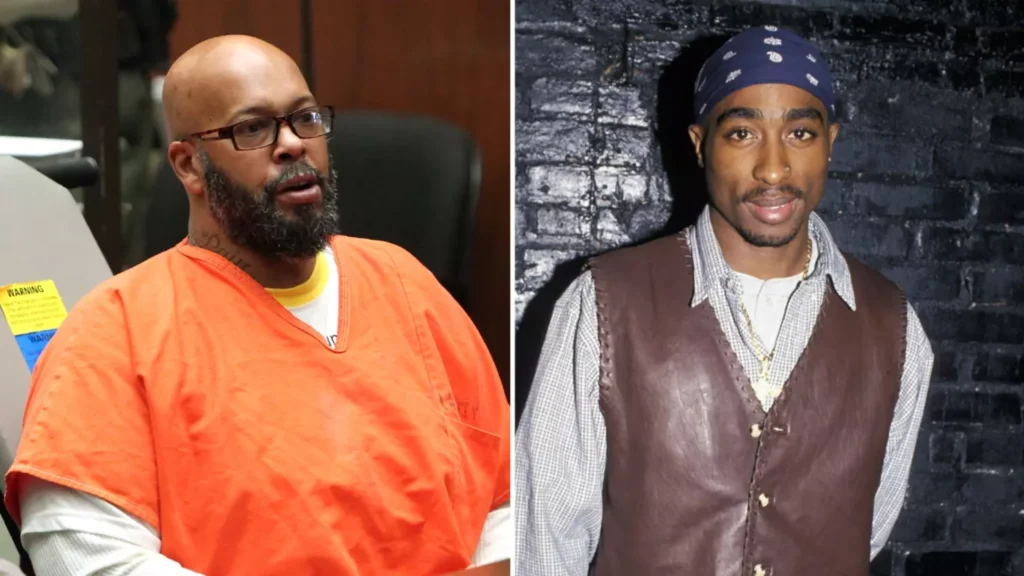 Portraits of Suge Knight in an orange outfit and 2Pac wearing a brown vest and bandana.
