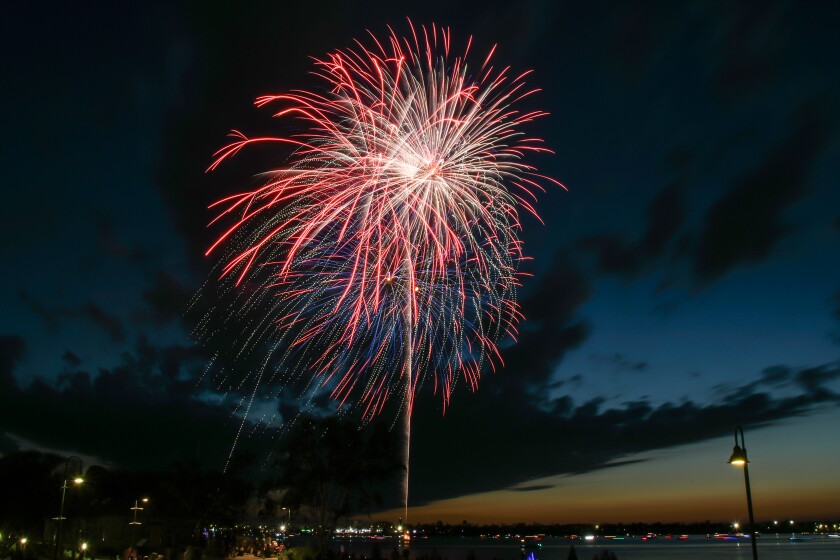 Colorful fireworks bursting in the night sky with a dark background and clouds.