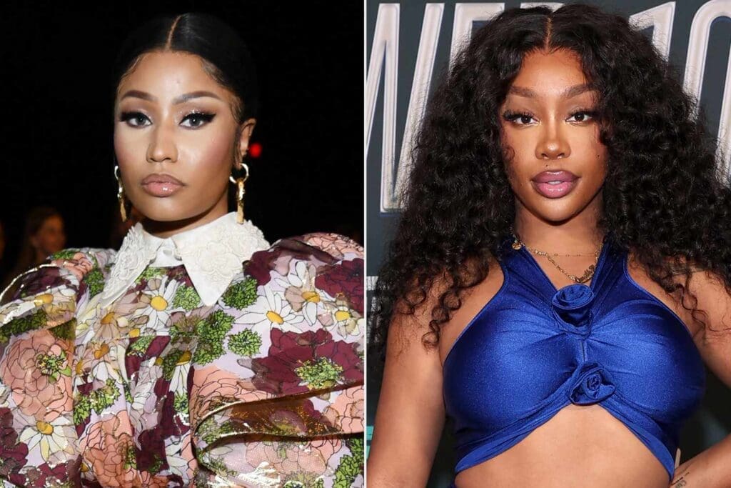 Portraits of Nicki Minaj wearing a floral outfit and SZA in a blue top.